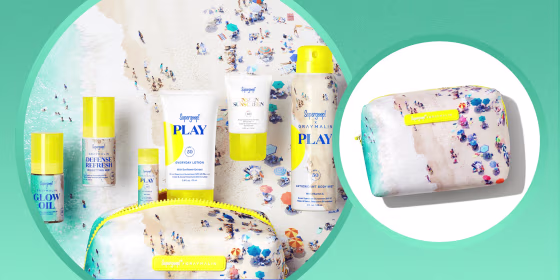 Illustration of the new Supergoop x Gray Malin collaboration of products. Shop the new Supergoop and Gray Malin Everyday Getaway Kit. Discover Mother's Day gift ideas from Supergoop including sunscreen, glow oil and more.