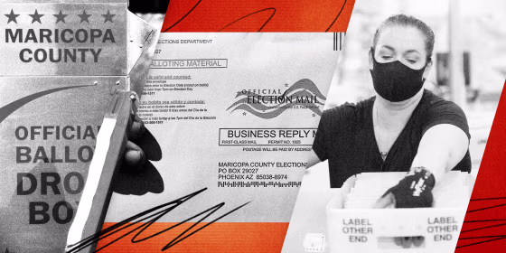 Image: Photos of a Maricopa County ballot box, a Arizona election ballot, and an election worker counting ballots with scribbles.