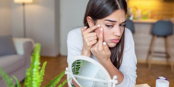 Woman squeezing pimples while looking at the mirror