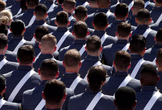 Graduating cadets sit together during commencement ceremonies at the United States Military Academy in West Point