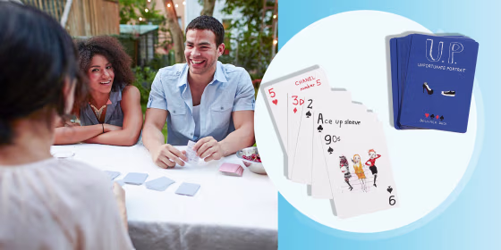 Illustration of Friends playing card game at garden party and Unfortunate Portrait(TM) Fashion Playing Cards