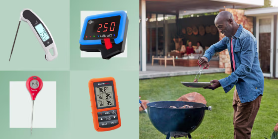 Illustration of a Man grilling in is backyard and different types of grill thermometers
