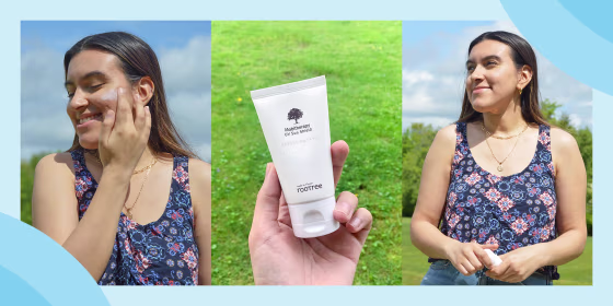 Three images of Sunah Syed wearing roottree sunscreen
