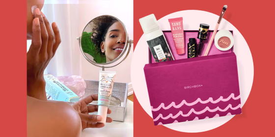 Illustration of a Woman putting on face cream from a subscription box and a box of products in a Birchbox subscription