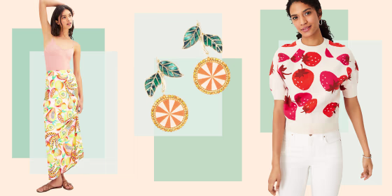 Illustration of SUGARFIX by BaubleBar Crystal Citrus Drop Earrings, Strawberry Short Sleeve Sweater and the Farm Rio Fruits Maxi Skirt
