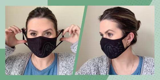 Illustration of two images of Casey DelBasso wearing a cloth mask in black, with a design on it
