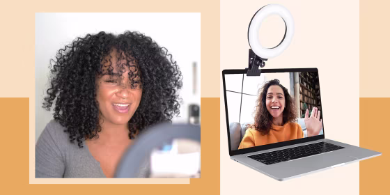 Illustration of a Woman looking into a ring light and a clip on ring light on a computer