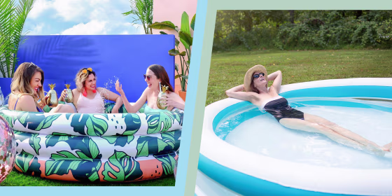 Illustration of Three Woman in a floral inflatable swimming pool and a woman leaning back in a blue inflatable swimming pool