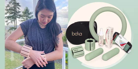 Illustration of different Bala products in green and editor Alicia Tan putting on her Bala Weights