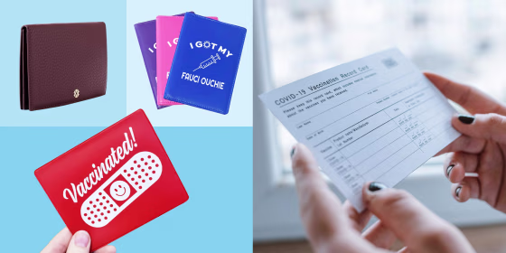 Illustration of someone holding a COVID-19 vaccine card, and three different kinds of Vaccine card holders