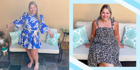 Illustration of Terri Peters wearing two different dresses from the Target's Designer Dress Collection