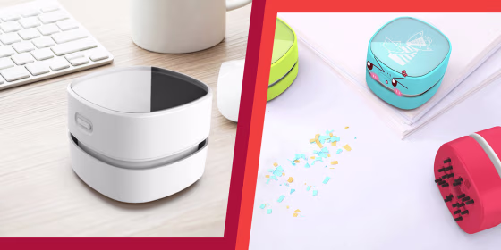 Illustration of the Odistar Desktop Vacuum on a desk and the Odistar Desktop Vacuum in three different colors
