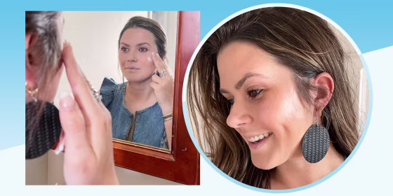 Casey DelBasso putting on a glowing JLO beauty product to her cheek and a after picture wit her cheek glowing