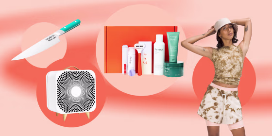 Illustration of the Blueair Pure Fan, Made In and This Little Goat new chef knife, Model wearing the new Lululemon Earth Dyes Collection and Flamingo and Ashley Graham launch limited edition collection
