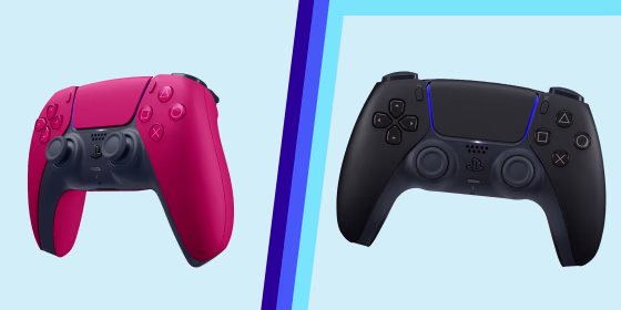 Illustration of the Playstation DualSense wireless controller in Midnight Black and Cosmic Red