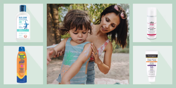Illustration of four different sunscreens that are popular and a Mom rubbing sunscreen on her child. The best and most popular sunscreens of 2021 are from Neutrogena, EltaMD, Bananaboat, and more. Shop mineral sunscreen from Amazon, Walmart, Target & Ulta
