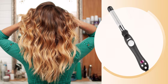 Illustration of a Woman touching her long wavy hair in the bathroom, and the Beachwaver curling iron in black. Is Beachwaver worth the money? How do you use Beachwaver pro? How do you use a beach wave curling iron? What is the best curling iron?