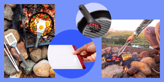 Illustration of a cutting board, cast iron scrubber, lifestyle images of eggs cooking on a grill and a man grilling outdoors using tongs. OXO Outdoor is OXO's first line of outdoor cooking gear. Shop outdoor cooking essentials including grill tongs, pans,