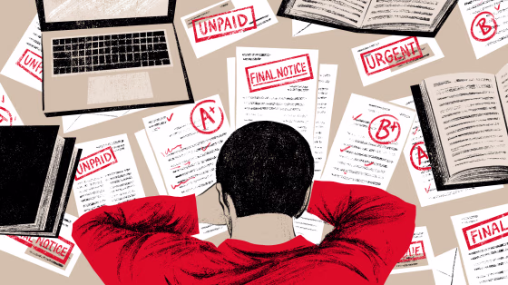 Illustration of person resting their head on a desk with graded papers and debt collection notices scattered on the desk.