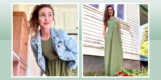 Illustration of Katie Jackson wearing a green maxi dress from Amazon