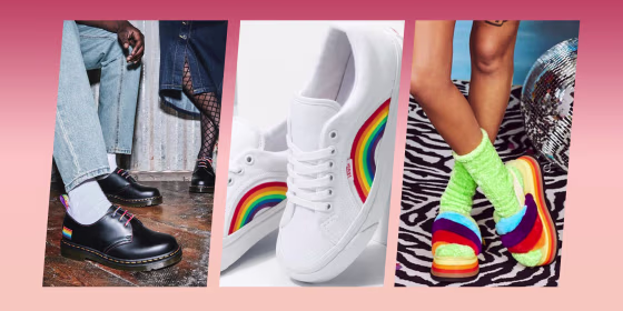 Illustration of Vans Pride Anaheim Factory Lampin 86 DX, Dr. Martens 1461 For Pride Smooth Leather Oxford Shoes, and the UGG Disco Stripe Slide
