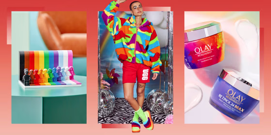 Illustration of Pride Lego's, Ugg Pride merchandise and Olay Pride products
