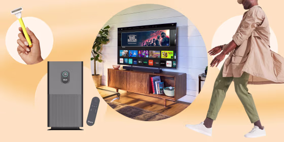 Illustration of a Man wearing Allbirds Tree Pipers, hand holding the new Skintimate razor, Shark Air Purifier 6, lifestyle of the new VIZIO 2022 TV model