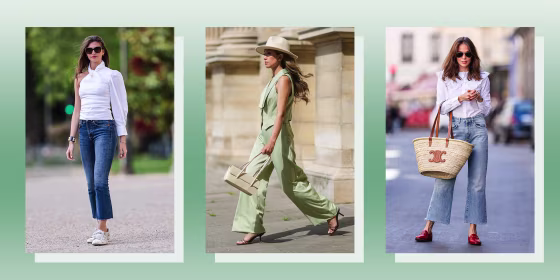 Illustration of three different woman wearing different styles of flared pants with shoes