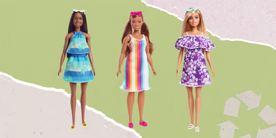 Illustration of three different Barbies made from recycled plastic