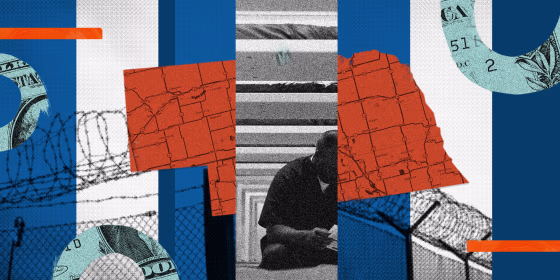 Photo illustration: Collage with images of a person sitting, barbed wire fences, a state map of Nebraska and fragments of the dollar bill.
