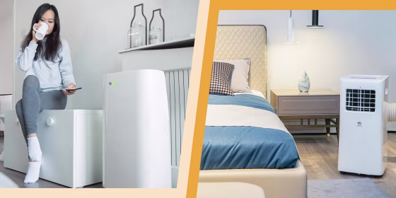Illustration of a Woman sipping coffee next to her portable air conditioner and a portable air conditioner in a bedroom. See the best portable air conditioners on sale. Shop deals on portable air conditioners from Walmart, Lowes and more to stay cool this