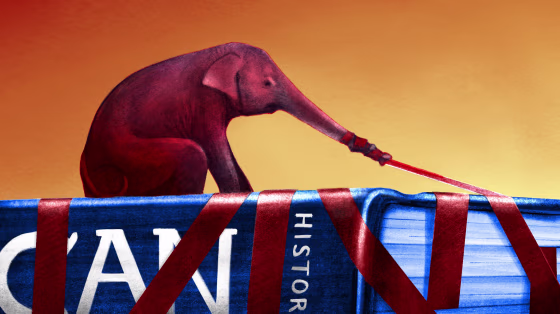 Illustration of an elephant pulling red tape over a history textbook.