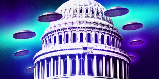 Illustration of glowing UFO's surrounding the Capitol dome in Washington, DC.