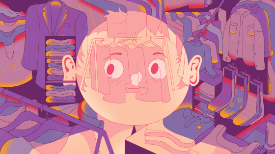 Illustration of a persons face looking at gender fluid clothing as it blends into him.