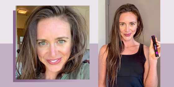 Two images of Katie Jackson using the new Essence Mascara