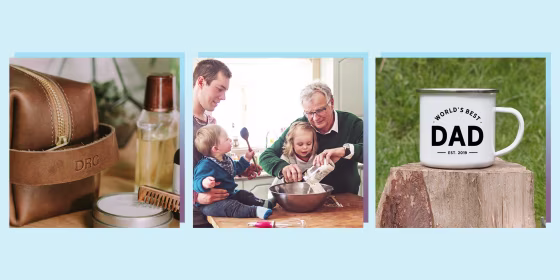 Illustration of a Multi-generation family spending time together for Father's Day, a World's Best Dad Mug and a personalized shaving kit set