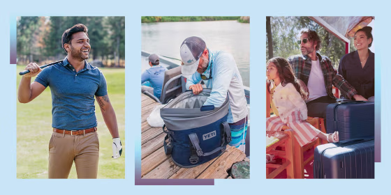 GIF Illustration of a Golf player walking on the course, a Man using his Yeti cooler while fishing and a family looking over the water while on vacation