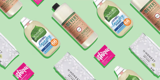 Illustration of different cleaning products like Seventh Generation and Meyers. Looking for eco-friendly products on Amazon? Learn about Amazon's Climate Pledge Friendly label and shop sustainable products from Burt's Bees, Dove and more.