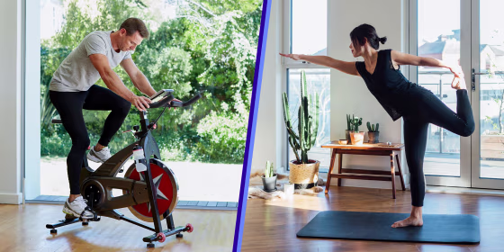 Split of a Young woman doing yoga exercise at home and Man working out on exercise bike at home. Shop fitness deals from Amazon Prime Day 2021 for all your workout needs on home gym equipment like treadmills and stationary bikes, activewear and more.