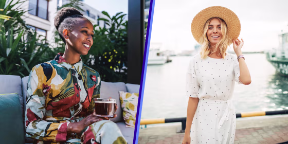 Split image of a Woman sitting on couch in garden drinking black coffee and a Woman wearing a sun hat and white dress