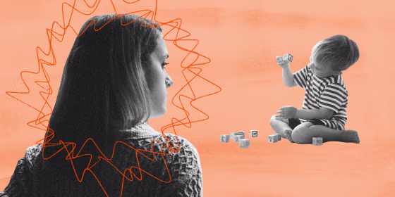 Illustration of a mother radiating red lines watching her child play with blocks.