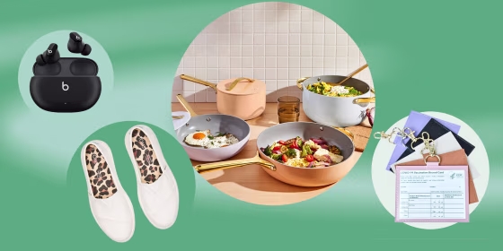 Illustration of pans with food in them from Caraway, apple beats headphones, vaccine card holder and White Toms shoes