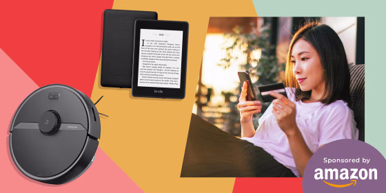 Image of a Roomba and Kindle Paperweight, and a Woman shopping online, on her phone
