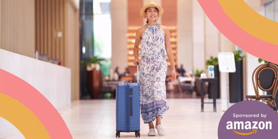 Illustration of a Tourist woman with sun hat carrying wheeled luggage walking in front of the hotel reception desk