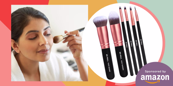Woman applying make up with brush and a rose gold brush set