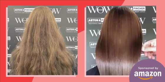 Before and after images of a Woman with frizzy to shiny hair