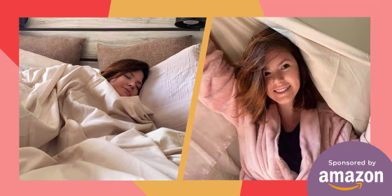 Two images of Casey DelBasso in bed with her Amazon sheets