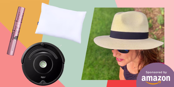 Illustration of Katie Jackson wearing a sun hat, and a Pillow, Roomba and Mascara still on sale on Amazon, after Amazon Prime Day