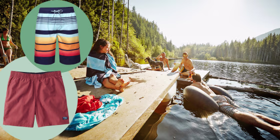 Group of friends hanging out on floating dock and two pairs of swim trunks for men. These are the best men's swim trunks that are affordable in 2021. Shop swim trunks including Speedo, Sonoma, and Goodfellow from Target, Kohl's and more.