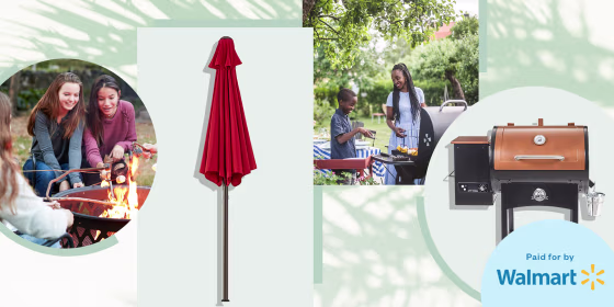 Illustration of a Umbrella and a fan, a group of friends using a fire pit and a couple using the bbq